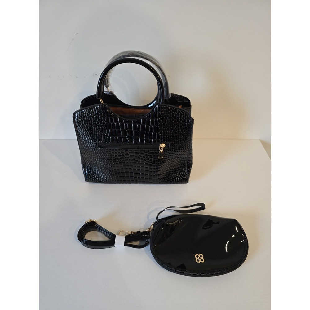 No Brand Black Faux Croc Leather Handbag With Bonus Makeup Bag